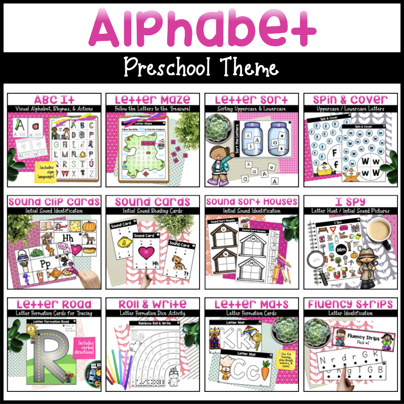 Alphabet activities for preschoolers with pictures of the letter identification activities, letter formation activities, initial sound activities, and small group lesson plans.