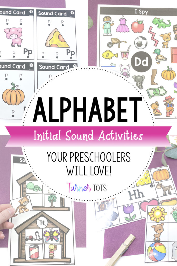 Alphabet initial sound activities for preschoolers with pictures of letter sound cards, I Spy initial sound picture pages, sound sorting houses, and initial sound clip cards.