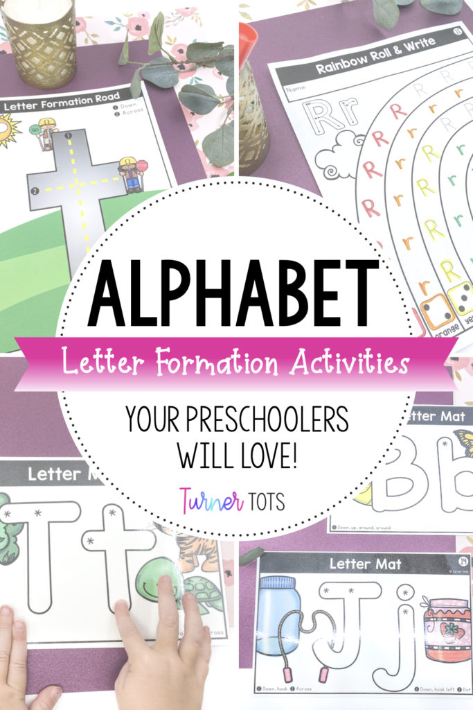 Alphabet letter formation activities for preschoolers with background pictures of printable letter roads, rainbow writing, letter mats, and play dough letter mats.