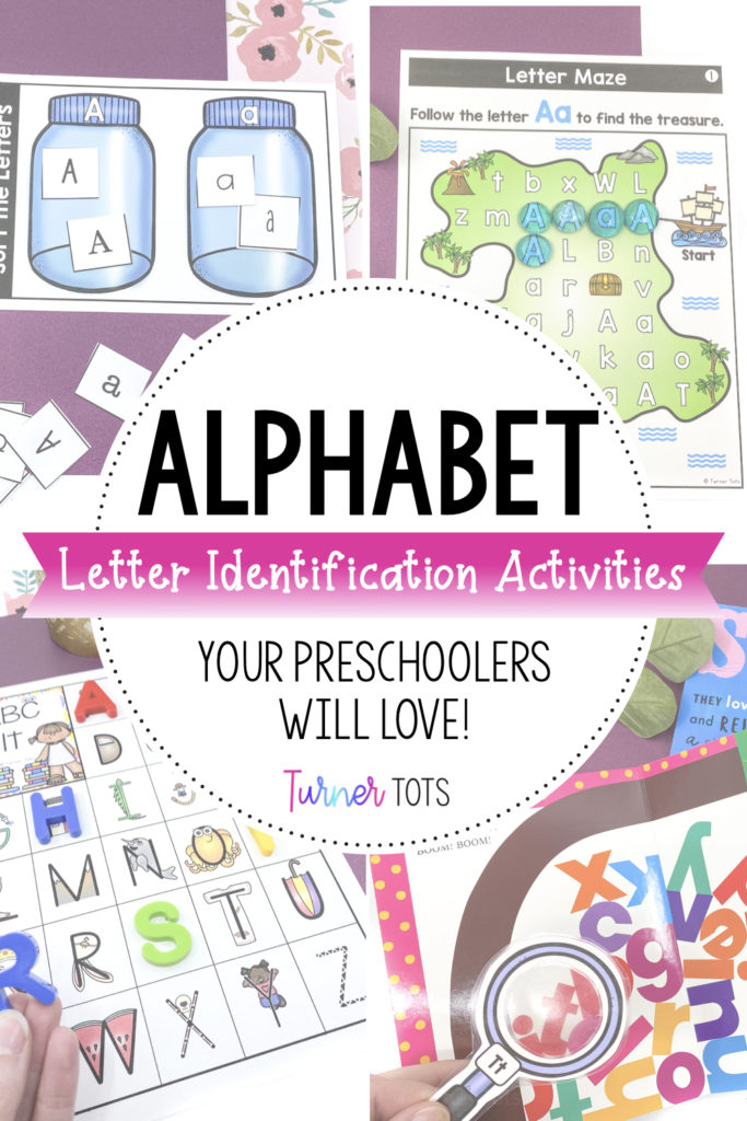 Alphabet letter identification activities for preschoolers with alphabet sorting jars, letter maze treasure hunts, a visual alphabet board, and alphabet book.