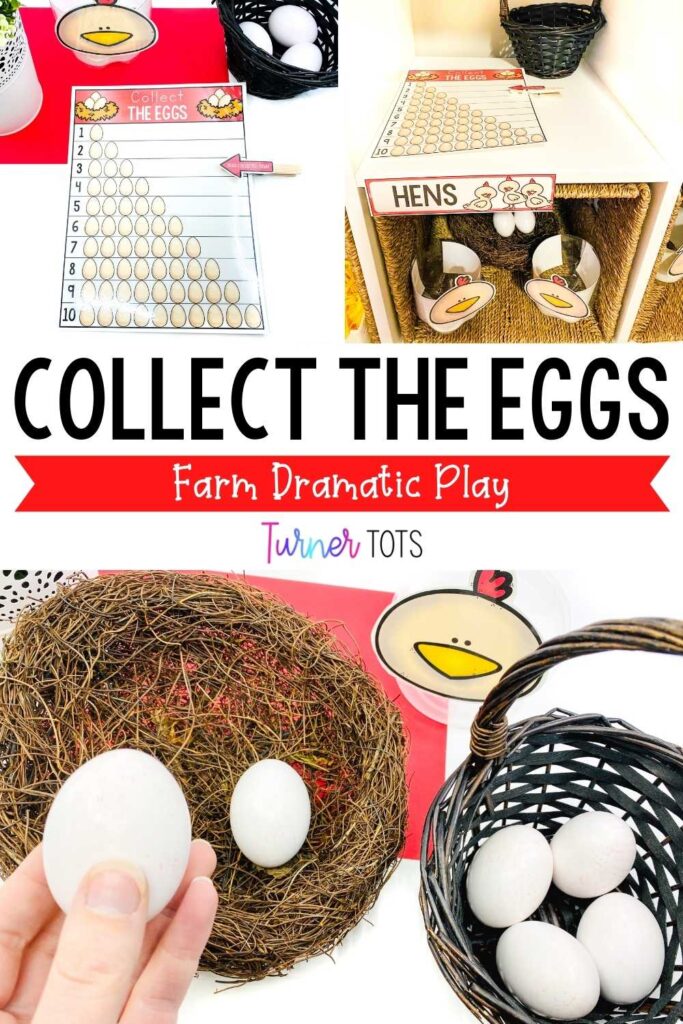 Hens made from 2-liter bottles, nest with wooden eggs, and “Collect the Eggs” recording sheet to show how many eggs were collected using a clothespin.