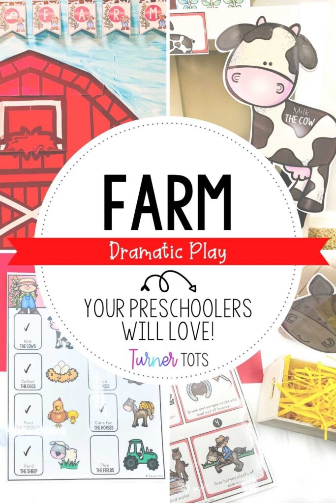 Farm dramatic play for preschool with a large printed barn, a pretend cow for preschoolers to milk, a checklist of farmer’s chores, and shredded yellow paper for the horses to eat.