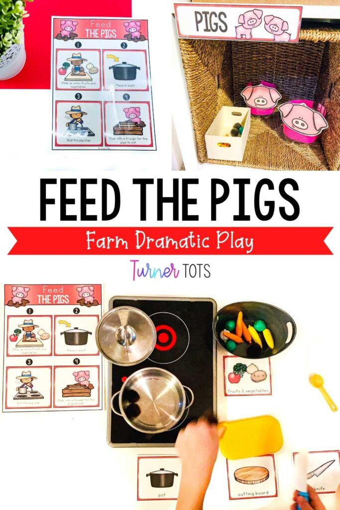 Pigs made from 2-liter bottles with a wooden box trough. Simple directions on how to cook pig slop in the play kitchen area for preschoolers or pre-k students during a farm dramatic play.