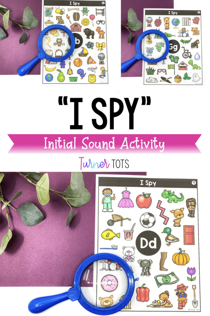 I Spy initial sounds activities for preschoolers include printouts filled with pictures and letters in the middle for toddlers to find pictures that start with the same beginning sound as the letter.