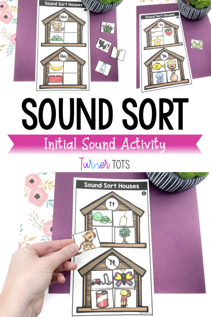 Sound sort houses include printouts of houses with a letter and the same letter crossed out in another house. Preschoolers cut out initial sound pictures and sort them into the boxes on each house based on whether they start with the letter or not.