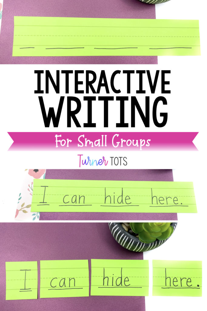 Interactive writing for preschool small groups include pictures of a blank sentence strip, one with a simple sentence, and one cut up into words.