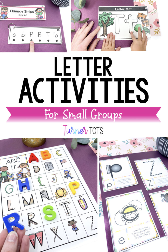 Letter activities for preschool small groups that include pictures of fluency letter strips, letter mats for tracing, a visual alphabet board with pictures for each letter, and letter cards.