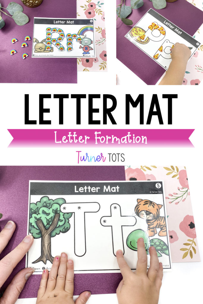 Letter mat letter formation activity for preschoolers that includes printable letter mats with stars to show where to start writing the letters and initial sound pictures.