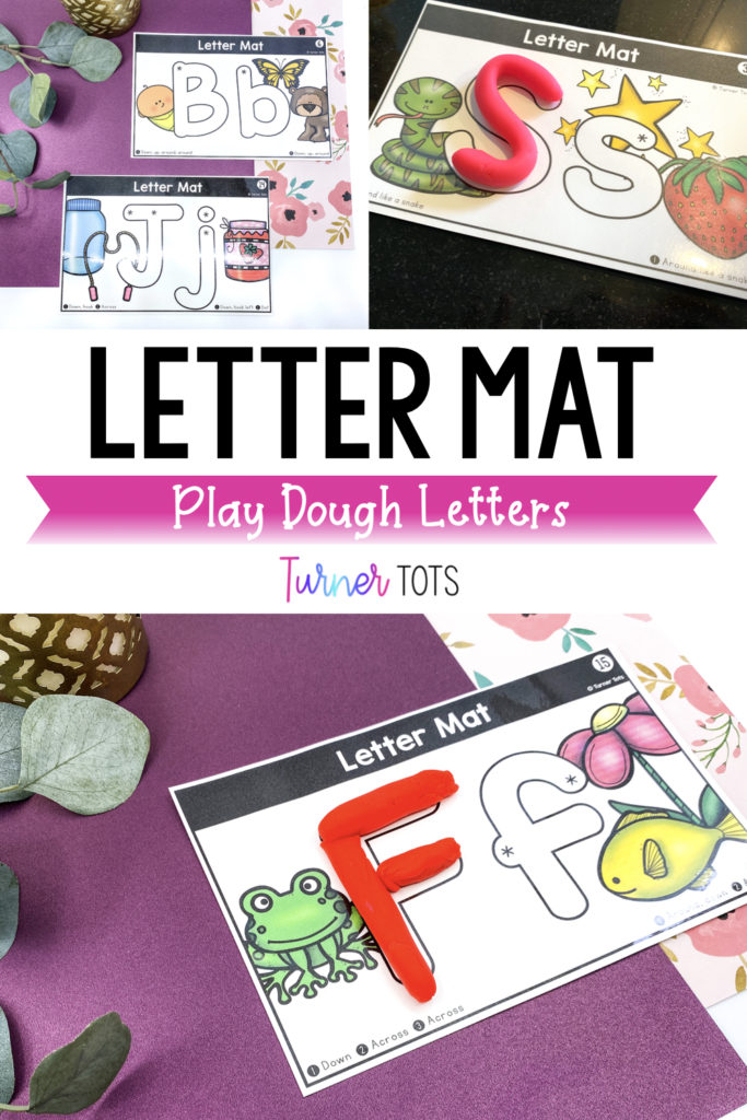 Letter mat play dough letters include pictures of alphabet cards with initial sound pictures. Preschoolers roll play dough to form the letters.