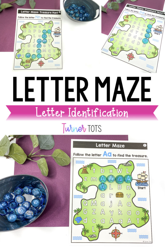 Letter mazes include a printout of a treasure map covered in letters for preschoolers to place gems on the trail of letters to find the treasure with this letter identification activity.