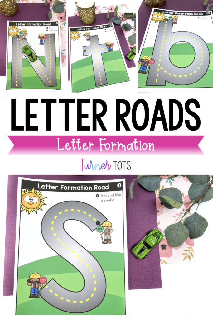 Letter roads letter formation activity includes printed letters that look like roads for preschoolers to drive cards on, working on how to form the letter.