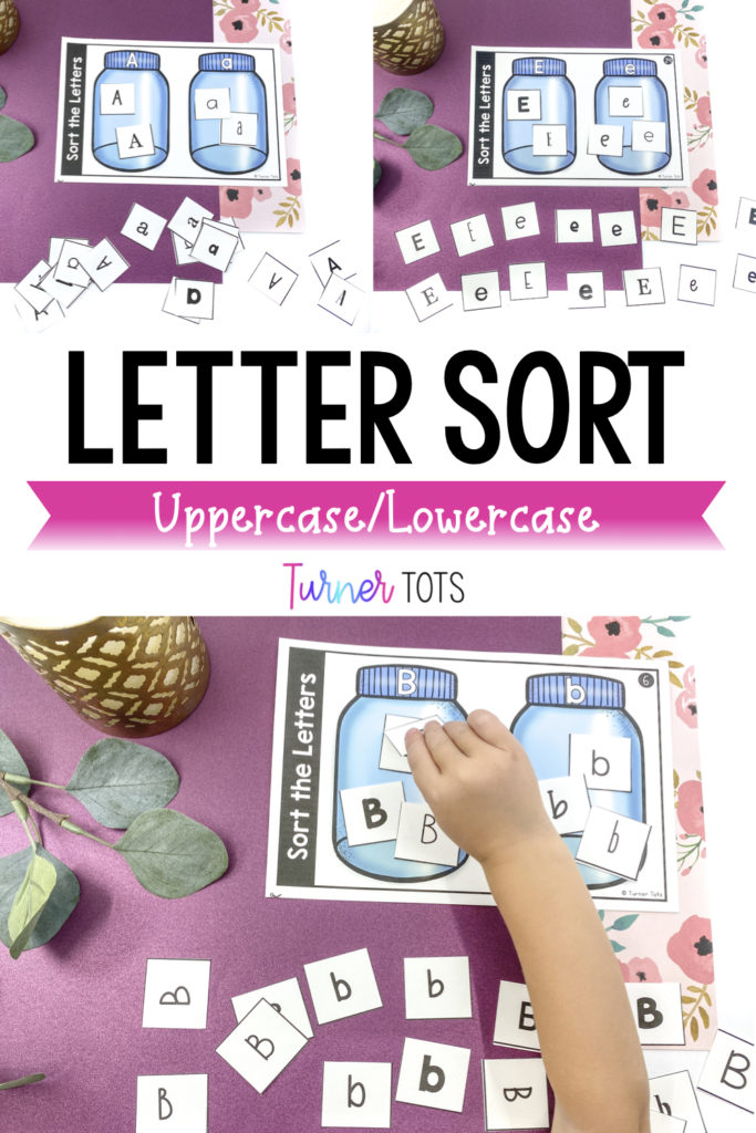 Letter sort jars with printouts of jars that include both uppercase and lowercase letters for preschoolers to sort letters of different fonts for this letter identification activity.