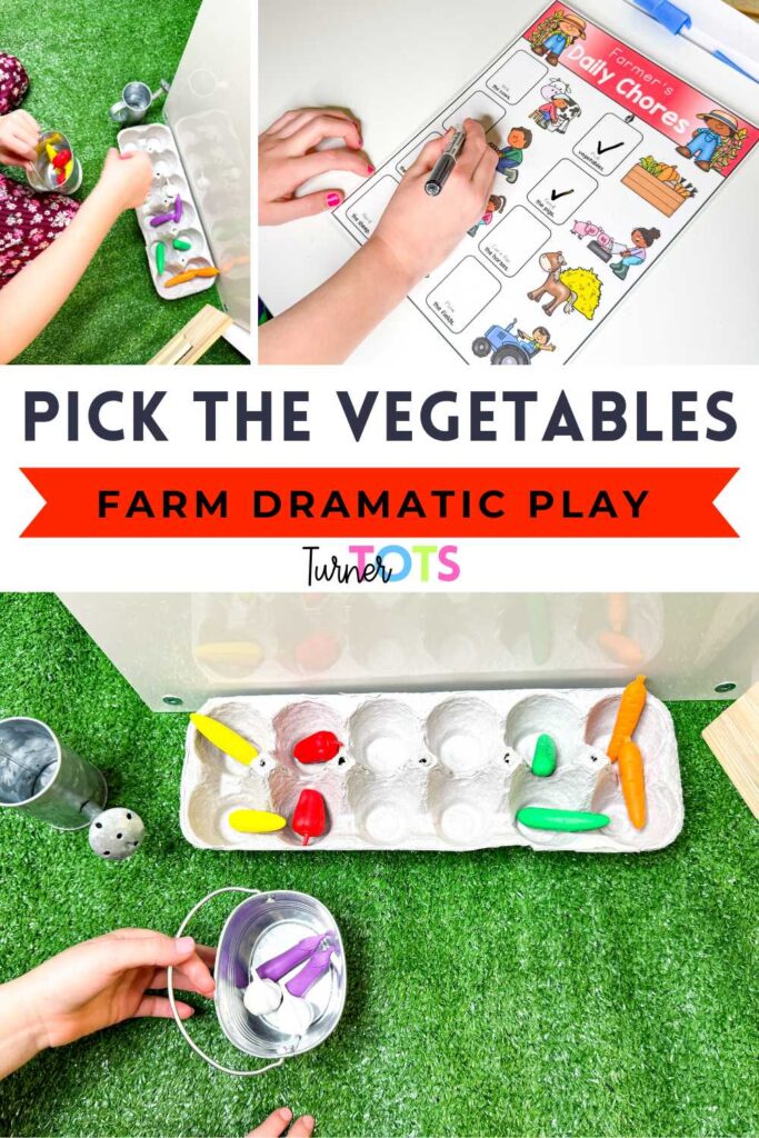 Egg carton garden and vegetable counters for preschoolers to pretend to pick during a farm dramatic play center.