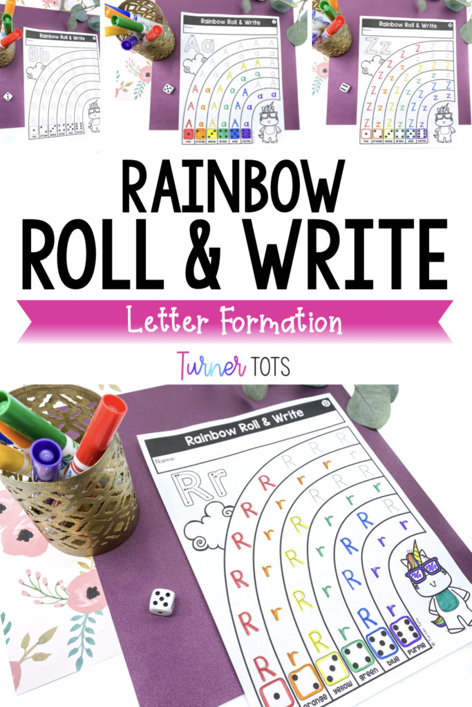 Rainbow Roll & Write includes printables of half a rainbow with uppercase and lowercase letters inside. Preschoolers roll a dice and trace a letter to match the color of the rainbow.