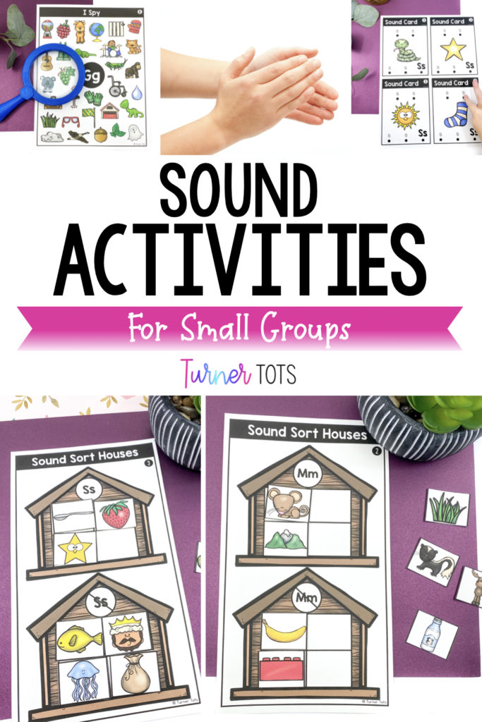 Sound activities for small group lesson plans that include pictures of I Spy sheets filled with initial sound pictures, hands clapping syllables, beginning sound cards, and sound sorting houses.