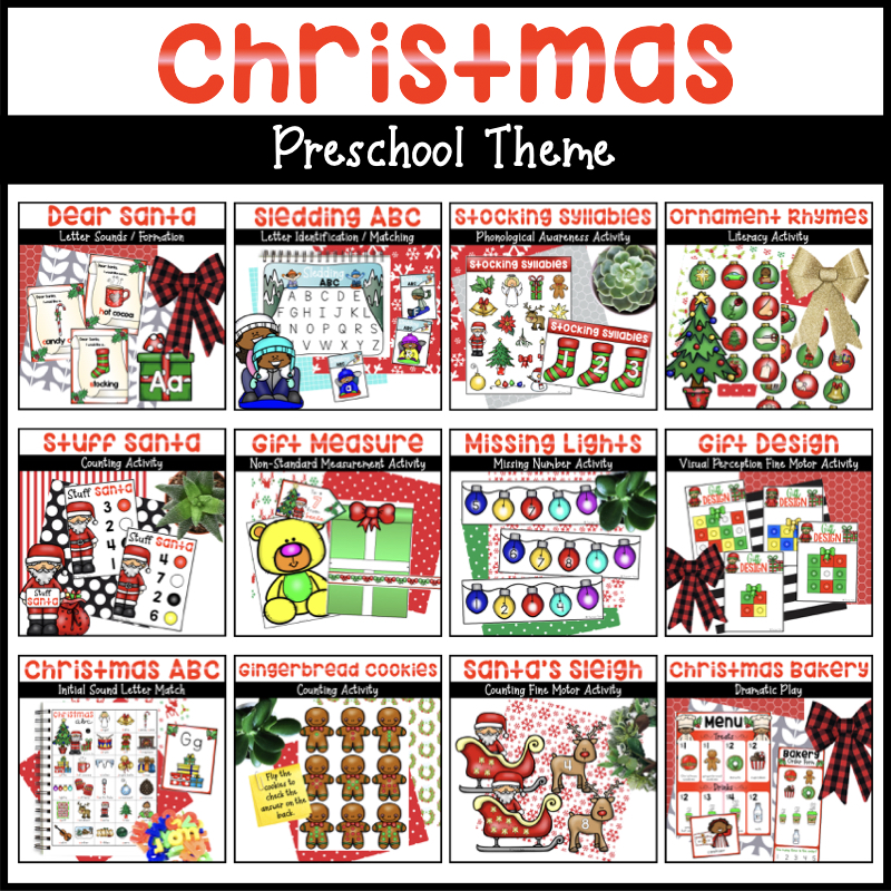 Christmas preschool activities bundle with pictures of each activity.