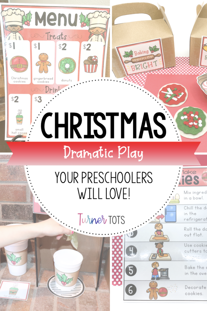 10 Ways to Learn Through Play with Christmas Dramatic Play with background images of a pretend Christmas Bakery.