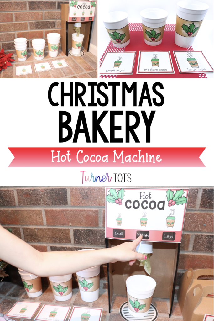 Small, medium, and large cups decorated with holly wrappers. Hot cocoa machine made from a cardboard box for preschoolers to use during a Christmas Bakery dramatic play.