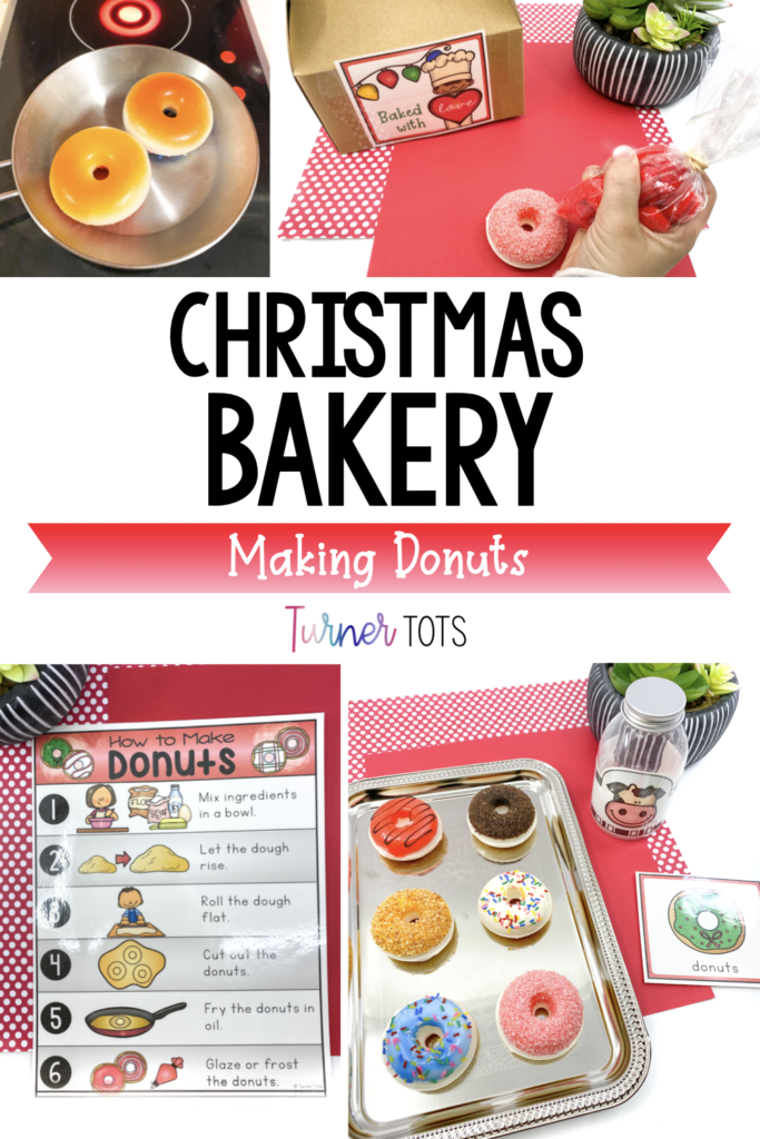 Pretend donuts in a pan; to-go box; pretending to frost the donut with icing bags; directions on how to make a donut with pictures for preschoolers; donuts on a tray with pretend milk bottle for your Christmas dramatic play center.
