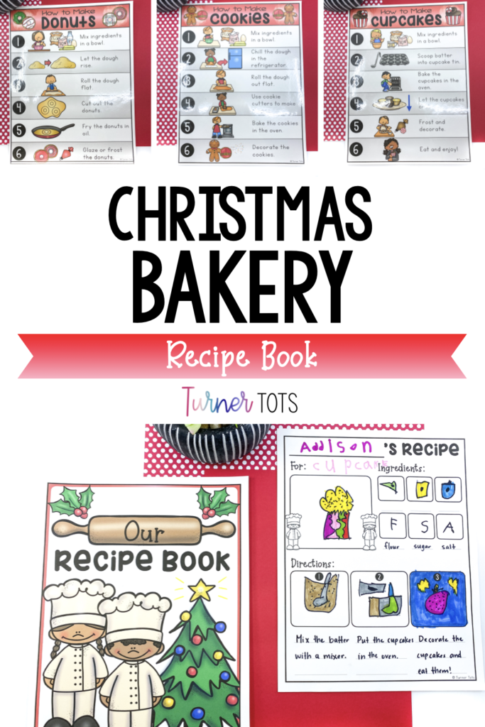 Easy-to-follow instructions with pictures on how to make cookies, donuts, and cupcakes for a Christmas Bakery Dramatic Play for preschool. Preschoolers can draw pictures of their own recipes using the blank template.
