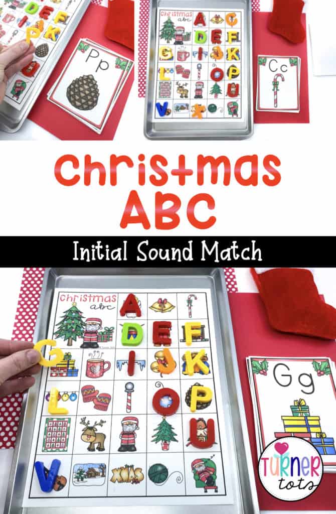 Printable letter mat with Christmas-themed initial sound pictures for every letter of the alphabet. Students look at lettered cards and find the matching letter with this initial sound preschool activity for your Christmas theme. Check out this and more Christmas preschool activities here!