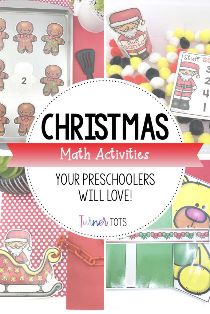 Christmas math activities for preschoolers with background pictures of numbered gingerbread men, pompoms with Santa counting cards, Santa's sleigh hooked to numbered reindeer, and gift printouts to measure.