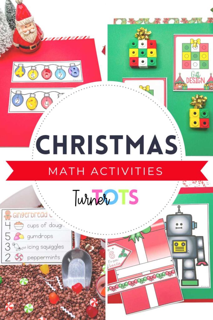 Christmas math activities for preschoolers include missing numbers on Christmas lights, pattern block gift designs, gingerbread cookies counting sensory bin, and a gift non-standard measurement activity.