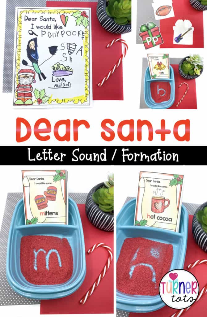 Dear Santa includes printed letters to Santa to practice letter formation in a sand tray, using a candy cane as a writing tool. Students will practice initial sounds by identifying the presents and flipping them over to see the matching letter with this Christmas preschool theme activity.