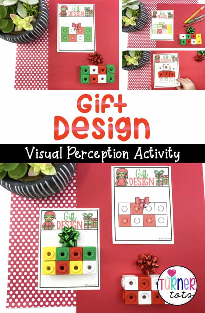 This preschool Christmas activity has preschoolers matching snap cubes to Gift Design cards for a visual perception activity with a Christmas theme.