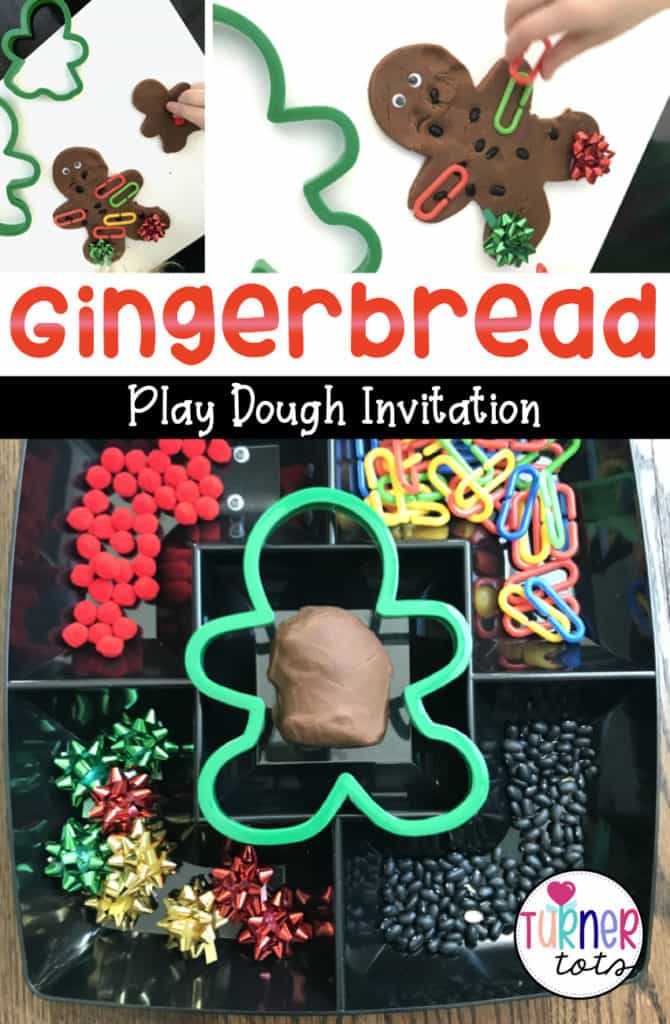 This gingerbread man preschool play dough activity includes cookie cutters, linking chains, bows, and dried black beans for preschoolers to make a gingerbread man. Great preschool Christmas activity!