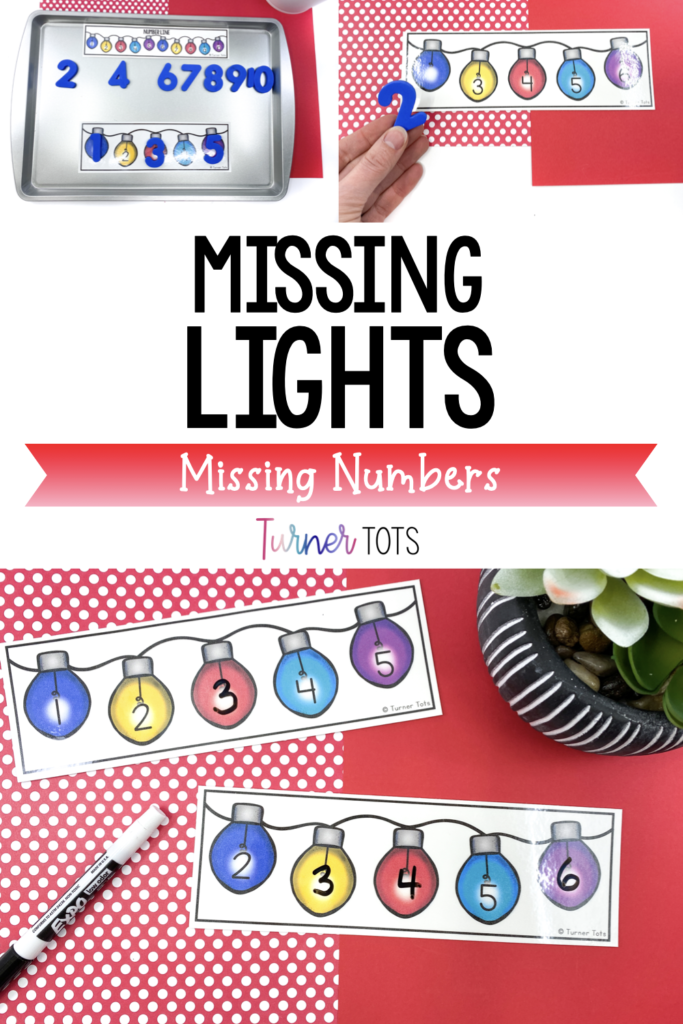 Missing Lights includes cards with numbers lights, but some of the numbers are missing for preschoolers to write the missing number with this Christmas math activity.