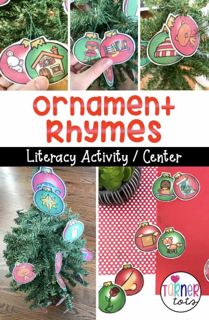 Small Christmas tree with printed ornaments that contain rhyming pairs for preschoolers to match with this Christmas preschool activity. 