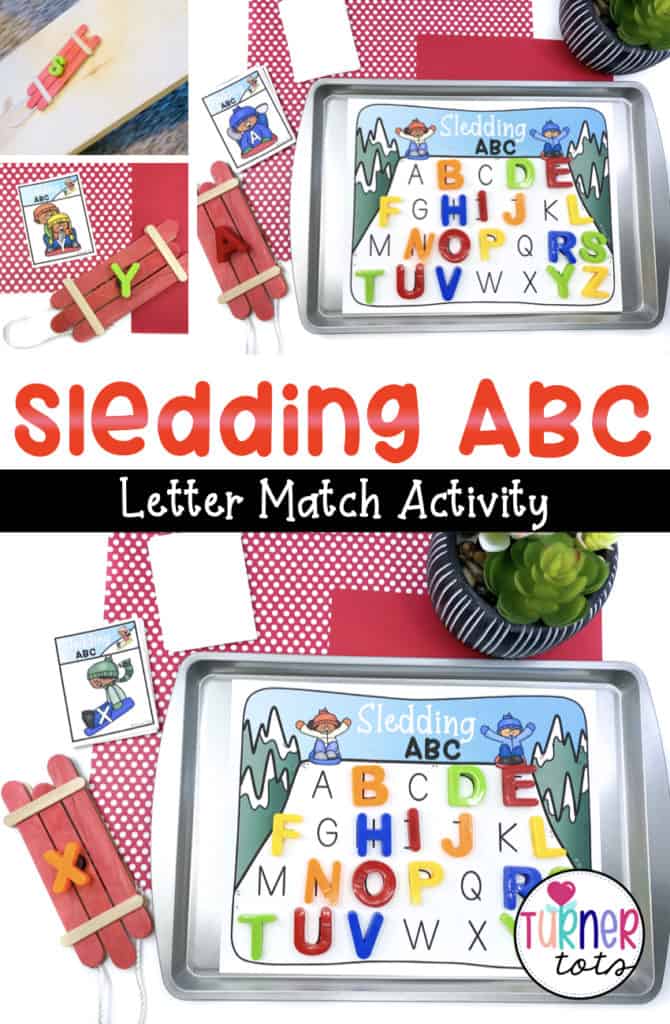 Christmas preschool activity for identifying letters with a printout of a sledding hill with magnetic letters on top. A sled made out of popsicle sticks for preschoolers to sled the letters down a hill. 