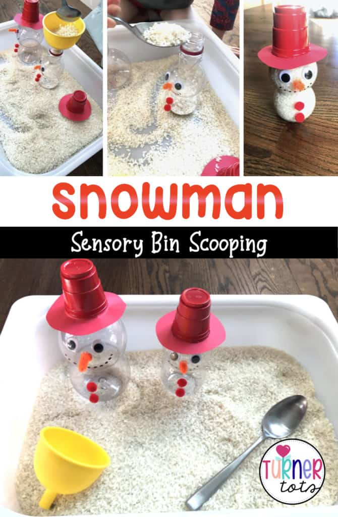 Sensory bin for preschoolers filled with dried rice, Pom Wonderful bottles that are decorated like snowman, spoons, and a funnel. Excellent Christmas preschool activity for your classroom!