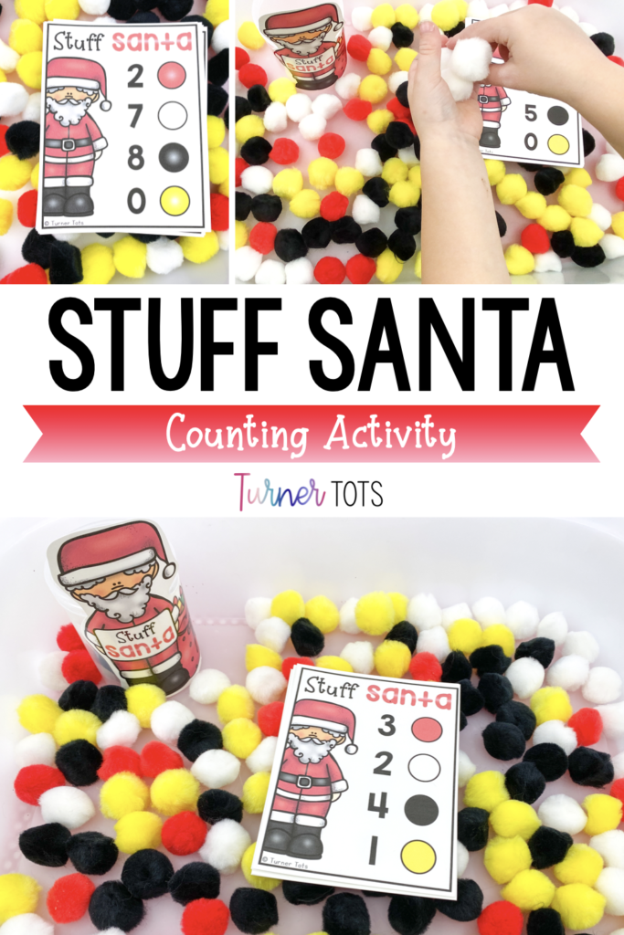 Stuff Santa is a Christmas math activity for preschoolers that includes students counting colored pompoms into a Santa cup according to the numbers on a card.
