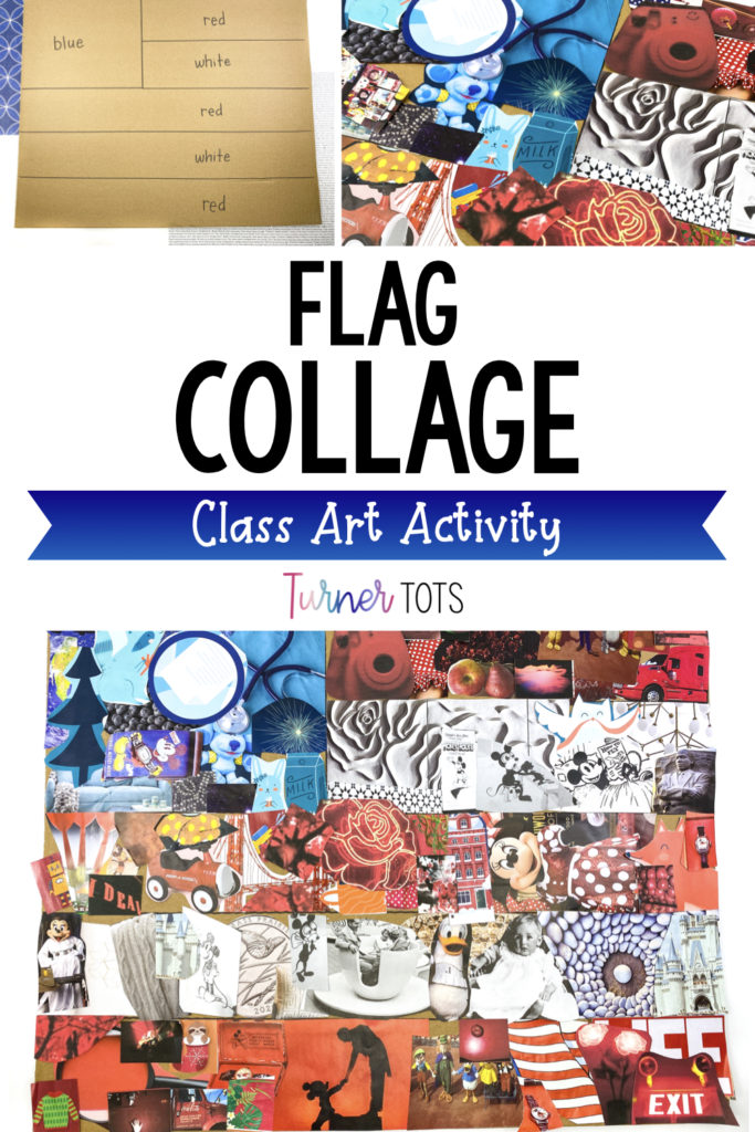 American flag collage with red, white, and blue pictures cut from magazines to bring fine motor skills and art together during a USA preschool theme.