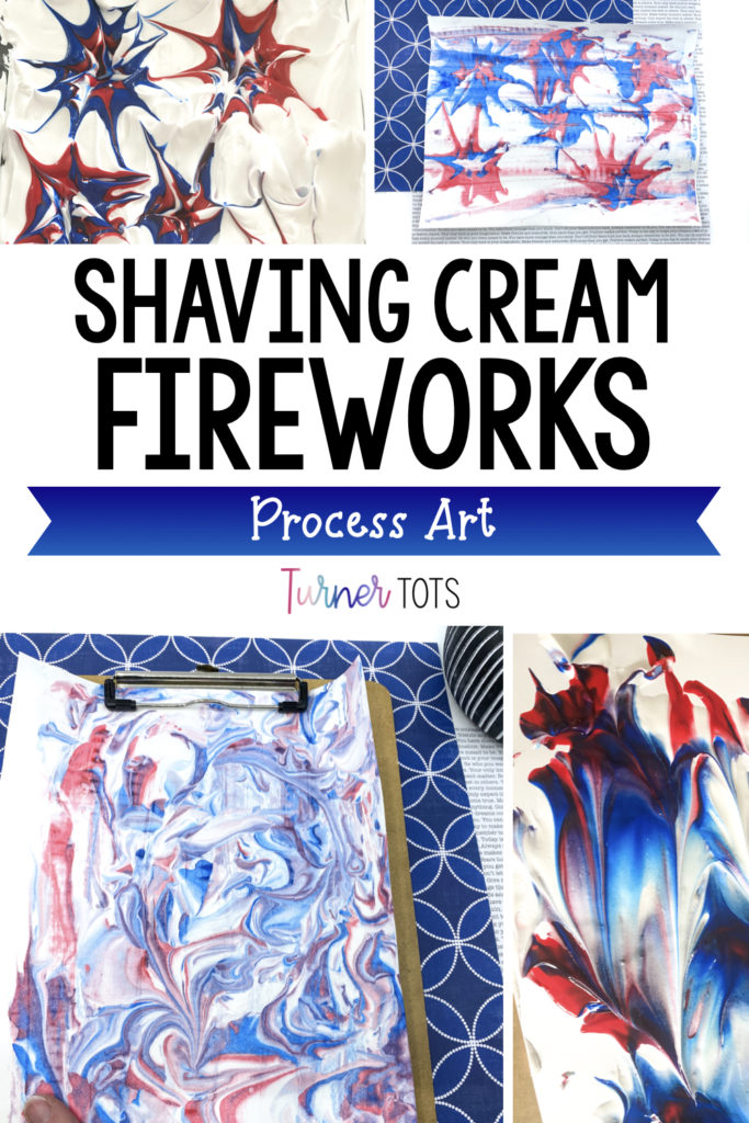 This process art for preschoolers shows paint in shaving cream spread out like a firework. The paint swirled around made a marbled painting for our USA preschool theme.