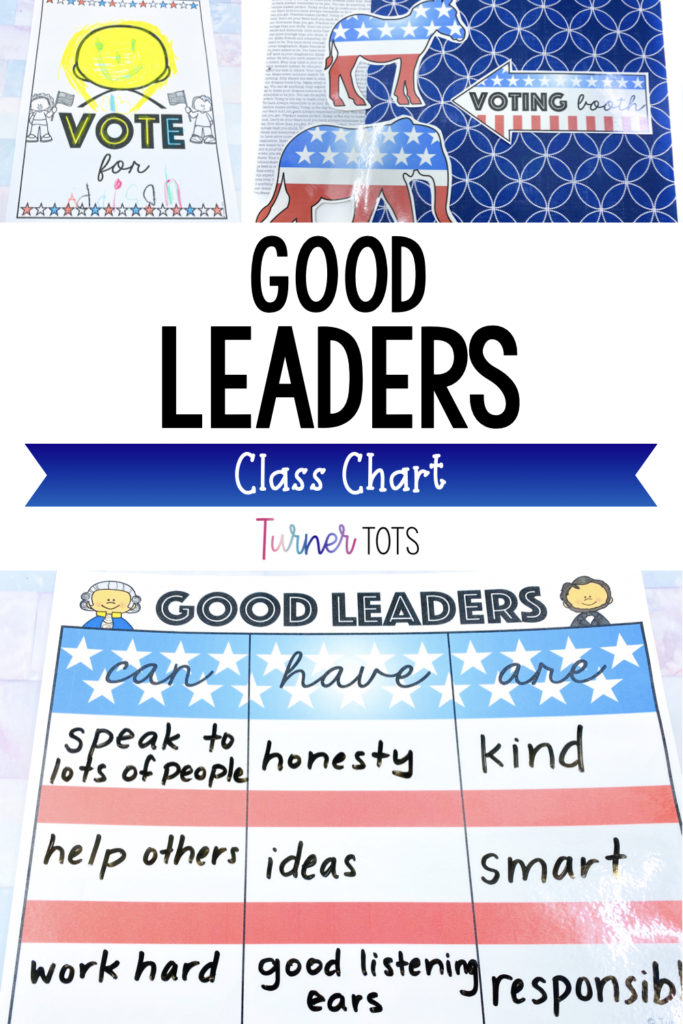 Voting booth dramatic play includes blank campaign posters for preschoolers or kindergarteners to draw self-portraits; red, white, and blue donkey and elephant; good leaders poster that includes qualities that good leaders can do, good leaders have, and good leaders are...
