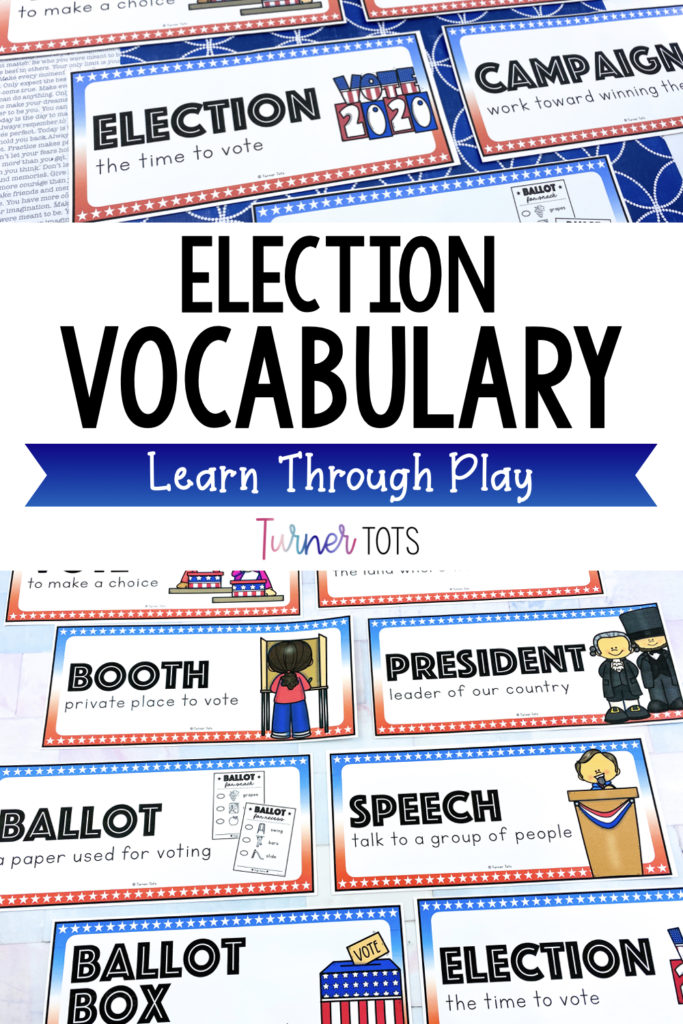 Election vocabulary cards for a voting booth dramatic play center. Includes vote, election, campaign, booth, country, ballot, speech, ballot box with pictures and simple definitions.