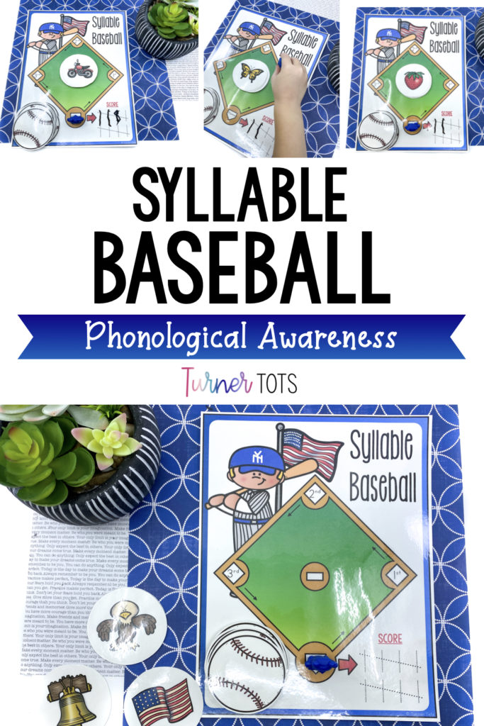 This syllable activity includes a baseball diamond on the game mat and baseball cards with pictures on the back to count syllables. Move game piece around the baseball diamond based on the number of syllables in each word with this USA-themed activity or sports theme activity for preschoolers.