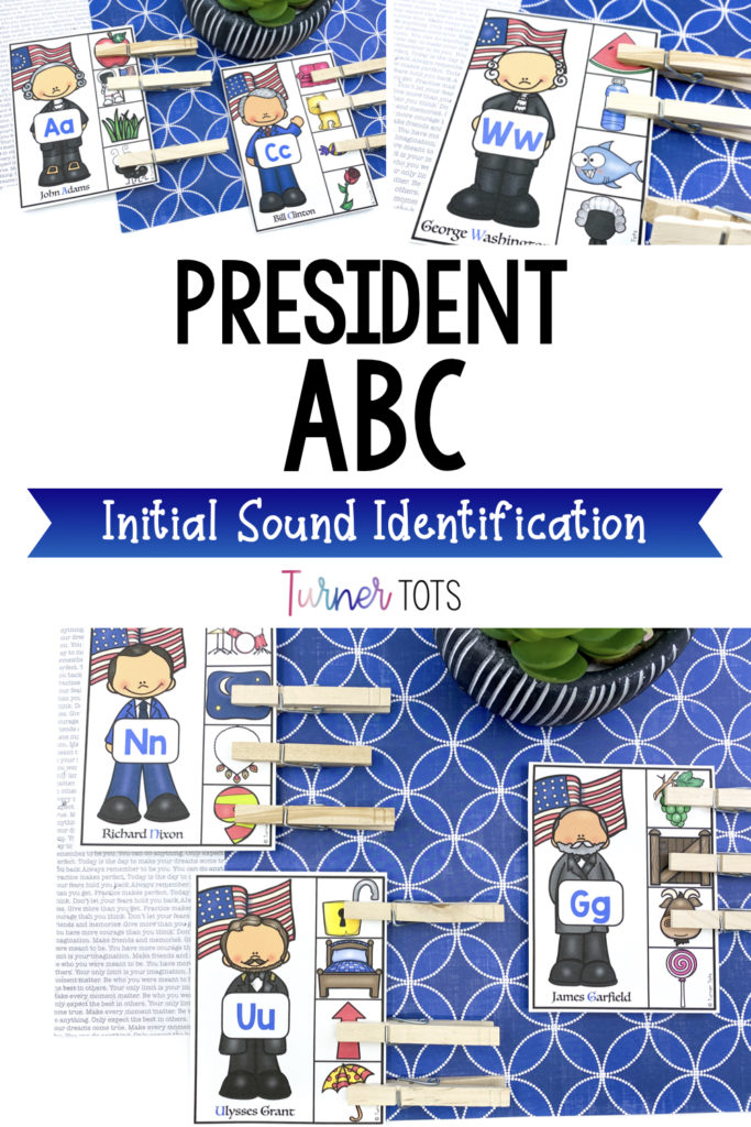 This initial sound activity includes pictures of presidents holding letters of the alphabet with initial sound pictures on the side for preschoolers to mark with clothespins. Perfect Presidents' Day activity for preschoolers or for a USA preschool theme.