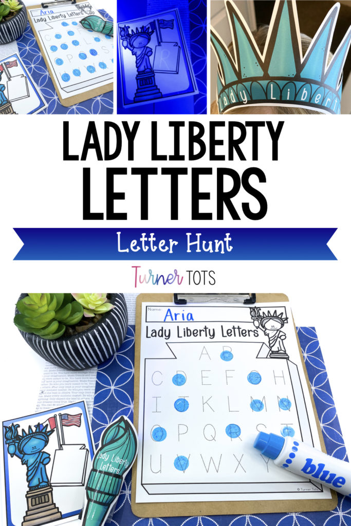 This USA activity involves the Statue of Liberty. Students can wear Lady Liberty crowns and use blacklights as torches as they hunt around the room for lettered cards. Shine the blacklight to illuminate the letter and mark it on the recording sheet with this patriotic literacy activity for preschoolers.
