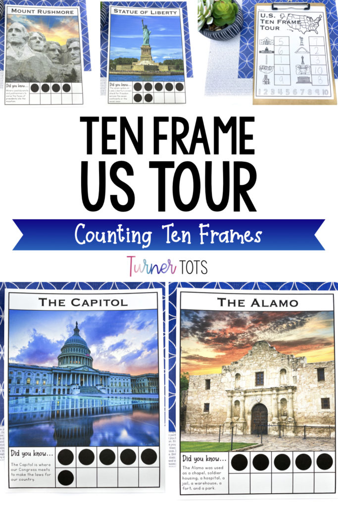 Pictures of US landmarks - Mount Rushmore, The Capital, The Alamo with ten frames for preschoolers to count with this USA-themed activity for preschool.