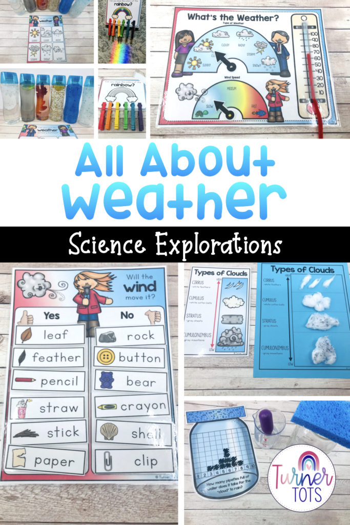 These weather science activities for preschoolers include matching sensory bottles to the types of weather, showing the weather with a chart, testing which objects will blow in the wind, creating types of clouds with cotton balls, and conducting a sponge cloud experiment. All hands-on science explorations for preschool or kindergarten.