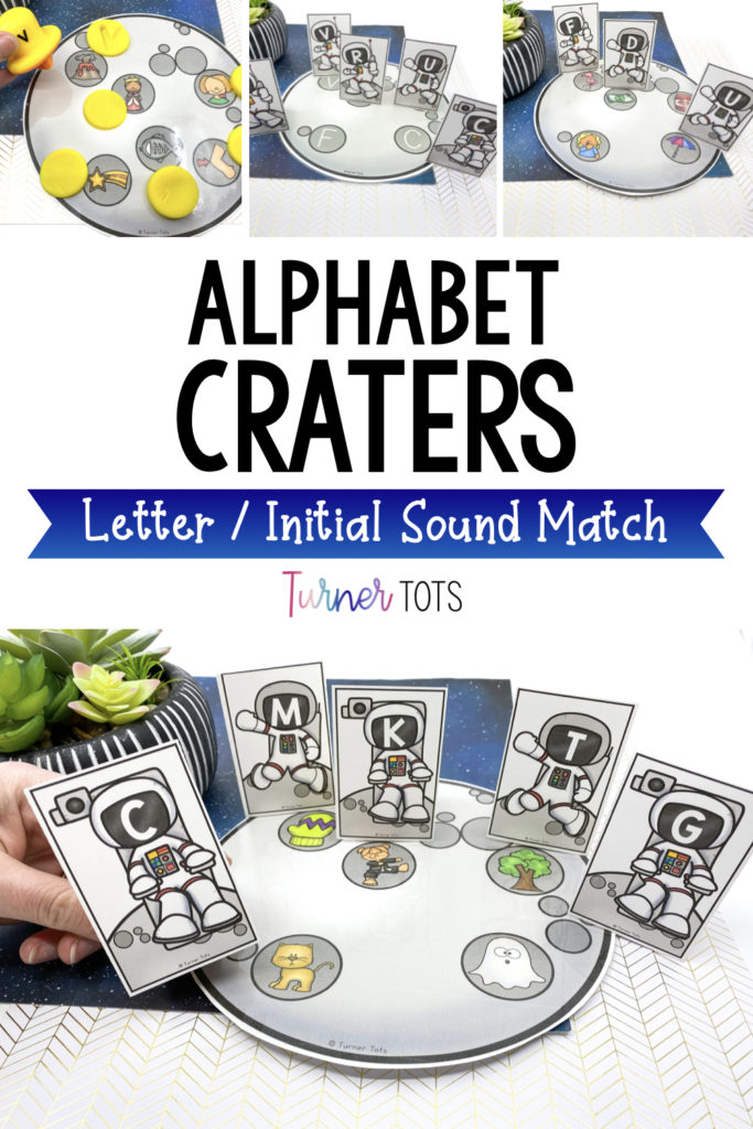 Alphabet Craters includes printouts of moon with letter or initial sound pictures in the craters for preschoolers to match lettered astronauts to for a space literacy activity.