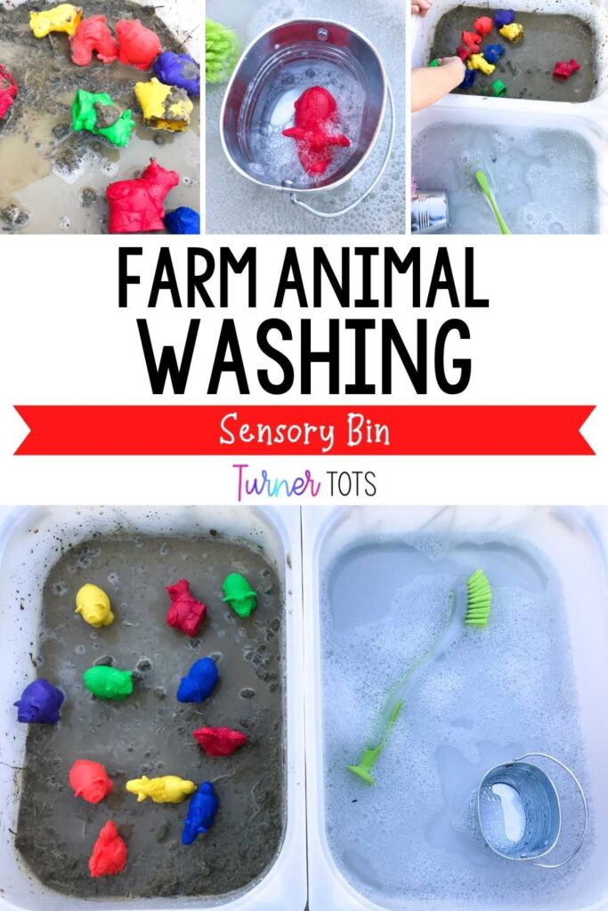 These farm-themed sensory bins are full of mud and plastic farm animals and soapy water to work on washing the animals as one of our farm fine motor activities.