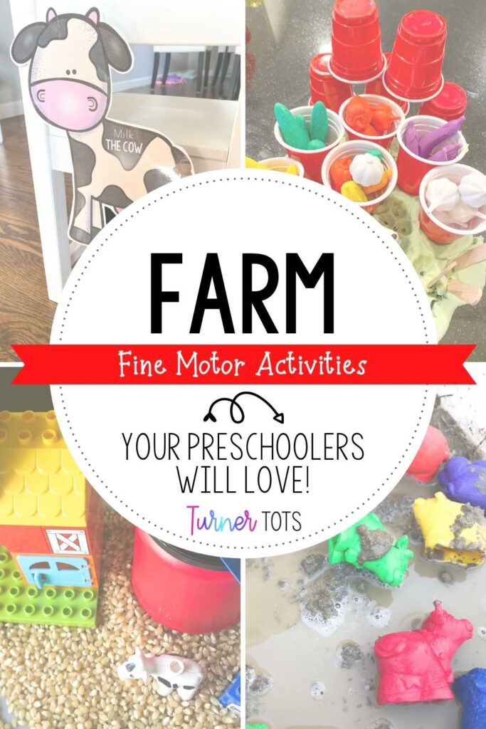 Farm fine motor activities with images of a farm sensory bin, muddy animals to wash, a farm play dough invitation, and pretend milking the cow.