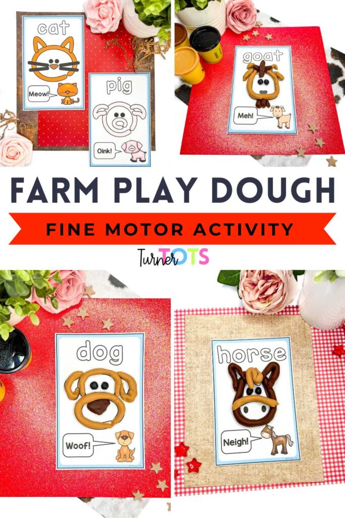 Farm play dough mats include cards for a cat, pig, goat, dog, and horse.