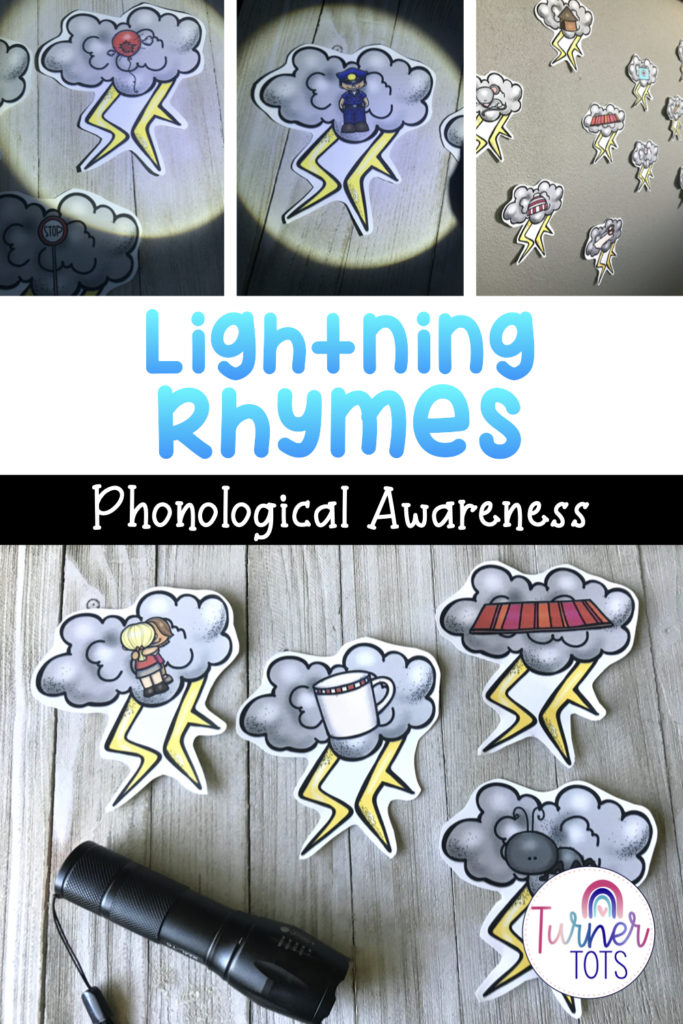 Printed clouds with lightning that show pictures for students to find rhyming words with this literacy center for a weather preschool theme.