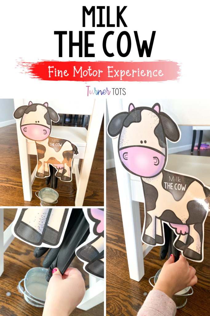 This farm preschool activity includes a cow printout with a rubber glove filled with milk for preschoolers to pretend to milk the cow during a farm theme.